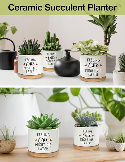 Feeling Cute Might Die Later Pot- Ceramic Engraved Succulent Aloe Cactus Planter Pot, Funny Indoor Plant Pots with Bamboo Tray for Mom Grandma Teacher Gifts(Plant Not Included)