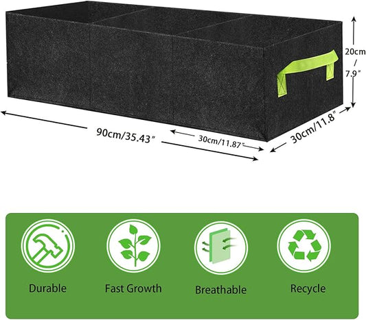 2 Pack Plant Grow Bags,Breathable Fabric Grow Bag with 3 Grids,400GSM Thickened Nowoven Garden Bed,Rectangle Flower Planter Containers for Flower,Vegetable,Fruit,Growing Pot with Handles(90x30x20cm)