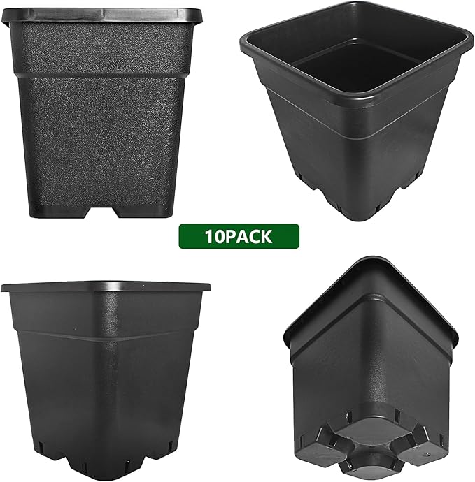 10-Pack 5 Gallon Square Planter Nursery Pots, Flower Plant Container Injection Molded Plastic Nursery Pots Gardening Pots for Indoor Outdoor Vegetables, Succulents, Black