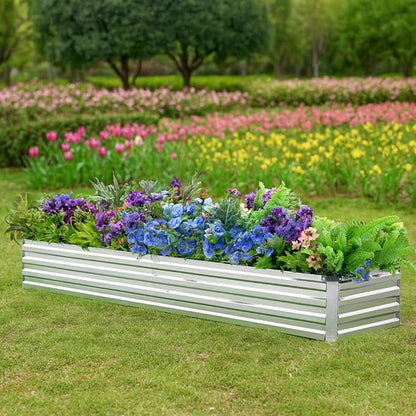 2 Pack 6x1.5x1FT Galvanized Raised Garden Bed Kit, Outdoor Metal Planter Box for Vegetables, Bottomless Rectangular Gardening Bed with Support Rods, Tool-Free Assembly, Silver