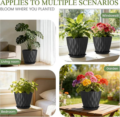 Plastic Plant 8 Inch, 4 Pack with Drainage Holes & Saucers, Water Wave Decorative Plant Pots for Indoor Outdoor Plants, Patio, Garden, Home Decor (4, Black)
