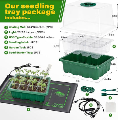 Seed Starter Kit with Grow Light and Heat Mat, 6 Pack 12-Cell Seedling Trays with LED Panels, Adjustable Timer & Dimmer Indoor Plant Propagation Station for Herbs, Vegetables, Flowers