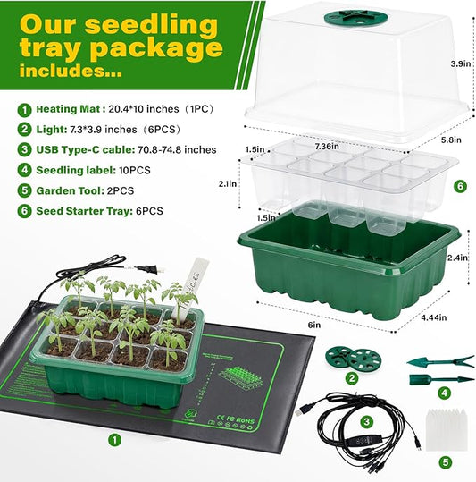 Seed Starter Kit with Grow Light and Heat Mat, 6 Pack 12-Cell Seedling Trays with LED Panels, Adjustable Timer & Dimmer Indoor Plant Propagation Station for Herbs, Vegetables, Flowers