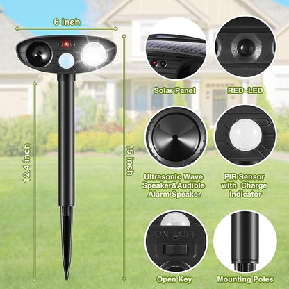 2026 Solar Ultrasonic Animal Repellent Outdoor,Deer Repellent Devices Squirrel Cat Raccoon Rabbit Dog Deterrent,Waterproof Motion Detection with Flash Light for Vegetable Garden,Backyard,Lawn 2Pack