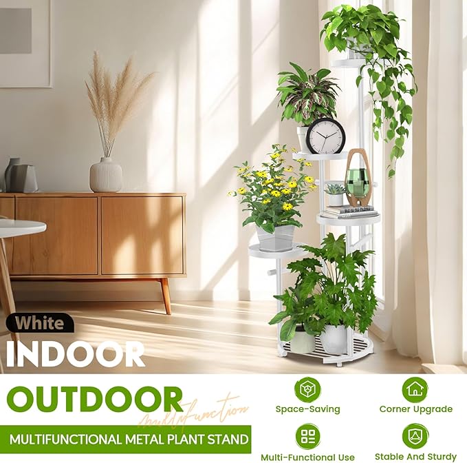 TOSKING 5 Tier Metal Plant Stand Indoor, Plant Shelf, Corner Shelf Flower Pot Stand for Outdoor Plant Stand for Living Room Balcony Garden Patio Bedroom (White, 38in)
