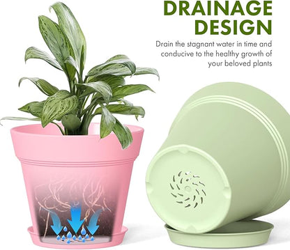 7 Inch Thick Plastic Plant Pots with Drainage Holes and Trays – 6 Pack Nursery Pots for Indoor & Outdoor House Plants, Seedling Starter Planters for Garden Flowers, Colorful