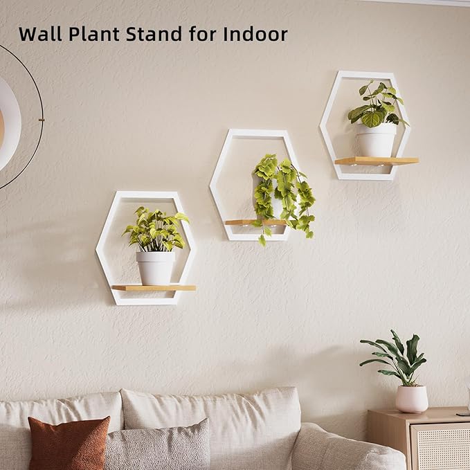 Modern White Hexagon Wall Planters with Solid Wood Shelves Set of 3 Geometric Floating Wall Decor for Indoor Plants, Stylish Wall Mounted Display for Succulents & Small Plants