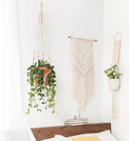 Mkono Set of 2 Macrame Plant Hanger 35 Inch and 43 Inch Indoor Hanging Planter Basket with Wood Beads Decorative Flower Pot Holder No Tassels, Ivory (POTS NOT Included)