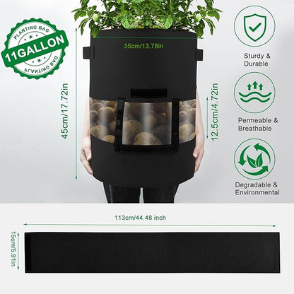 2-Pack 11 Gallon 360°Visible Potato Grow Bags, Potato Pot Planter with Flap Window Shade Cloth, Potato Growing Containers, 380g Thickened Felt Garden Planting Bag for Growing Potatoes Vegetables