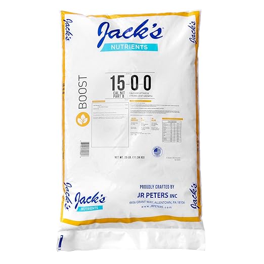 Jack's Classic Nutrients 15-0-0 Part B Calcium Nitrate Water-Soluble Fertilizer for Calcium Uptake and Strong Leaf Growth in Continuous Liquid Feed Programs, 25lbs