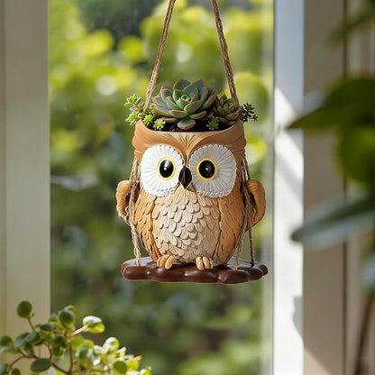 QCQHDU Swing Owl Hanging Pots with Drainage Hole, Small Resin Succulent Plant Planters, Cute Indoor/Outdoor Decor for Balcony Garden Patio, Women Gift Idea, Khaki
