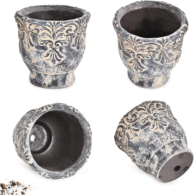 Sungmor 6.1 Inch Cement Plant Pot for Plants, Succulent Planter with Embossed Design, Vintage Concrete Flowerpots with Drainage Hole, Decorative Orchid Houseplant Pot Indoor Outdoor Plant Container