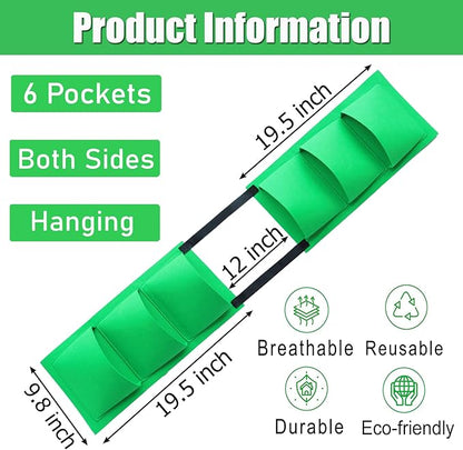 Miewslan Vertical Railing Planter, 6 Pocket Hanging Fabric Planter Bag Outdoor Fence Plant Pots, Wall Hanging Planting Grow Bags Flower Pouch for Garden Fence Balcony (Green)