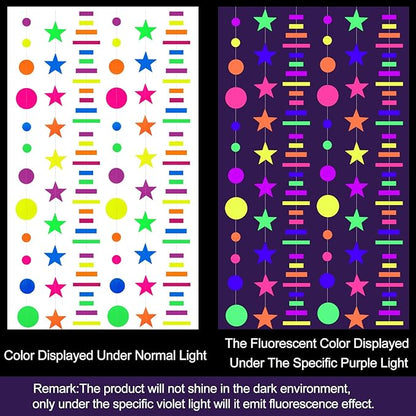 96ft UV Neon Paper Garland Round dot Star Rectangle kit Neon Decor Banners for Glow Party Supplies, UV Reactive Glow in The Dark Streamers for Birthday neon Party Decorations Black Party Supplies…