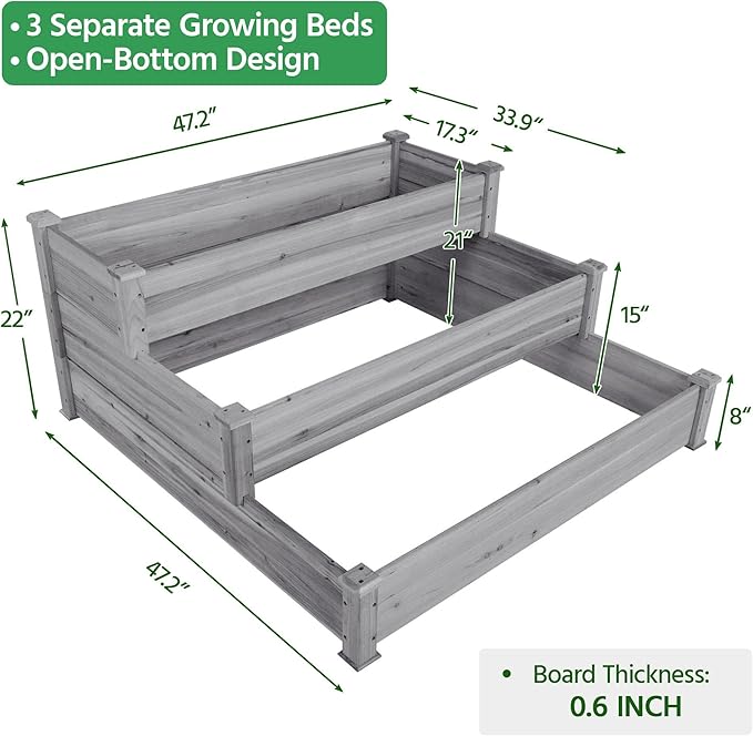 Topeakmart 3 Tier Raised Garden Bed Wood Garden Box Wooden Vegetables/Flower/Herb Elevated Garden Planter Boxes Outdoor, Gray