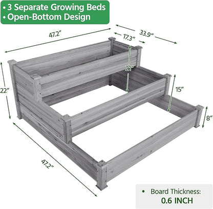 Topeakmart 3 Tier Raised Garden Bed Wood Garden Box Wooden Vegetables/Flower/Herb Elevated Garden Planter Boxes Outdoor, Gray