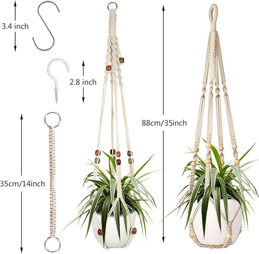 Augshy Macrame Plant Hanger, 2Pcs Hanging Plant Holder with Extender Plant Hangers for Indoor Outdoor Decor Macrame Hanging Planter Basket with 4 Hooks