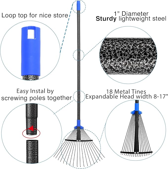 Adjustable Leaf Rake, Metal Garden Rakes for Lawns Heavy Duty Leaves with Expandable Head 8-17", Yard Women Kids Rake for Gardening RV Camping 30-50 inch