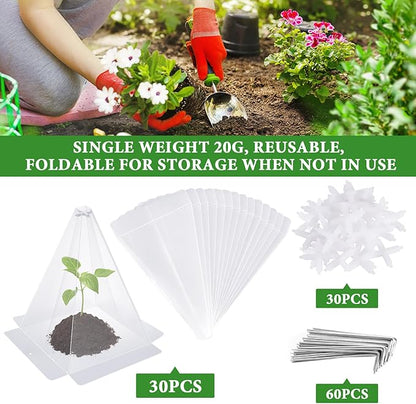 30 Pieces Garden Cloches for Plants, Reusable Plastic Plant Seedling Protector with 60 Ground Securing Peg, Transparent Bell Jar Cloches to Protect Plants from Birds, Slugs, sun, Frost, Freeze Weather