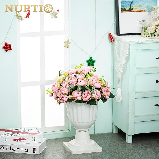 NUPTIO 6 Pcs Classic Urn Planter, 13.98 inch Tall Large Plastic Outdoor Urns Planters, Pedestal Flower vases Plant Pot, Resin Grecian Plants Pots for Garden Porch Front Door, White