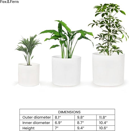 Fox & Fern Matte White Plant Pots with Drainage Plug (Set of 3) — Premium Lightweight Fiberstone 8, 10, and 12 Inch Planters for Indoor and Outdoor Use - Weather Resistant & UV Resistant