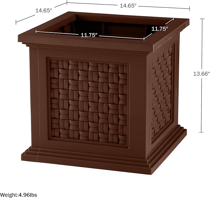 Rattan Style Outdoor Planter Box - 14.65-Inch-Square Decorative Flower or Plant Pot - Garden, Patio and Front Porch Decor by Pure Garden (Brown)