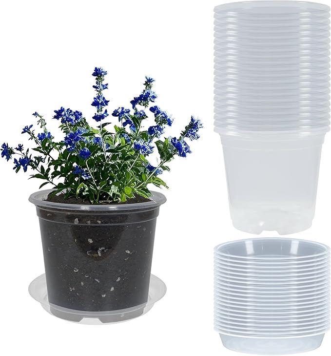 20 Pack 7 Inch Nursery Pots with Drainage and 20 Pack Plant Saucers, Plant Pots for Plants Transparent Flower Potting Containers for Plants Clear Seeding Starter Pot (Clear, 7 Inch)