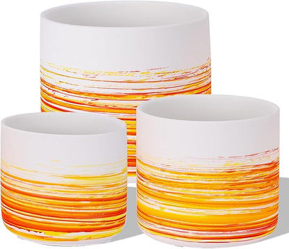 Ceramic Plant Pots 5.1+4.3+3.7 inch Hand-Painted Small Flower Pot Set of 3 Planters with Drainage Hole and Plug Used for Indoor Plants and Other Outdoor Garden（Orange）