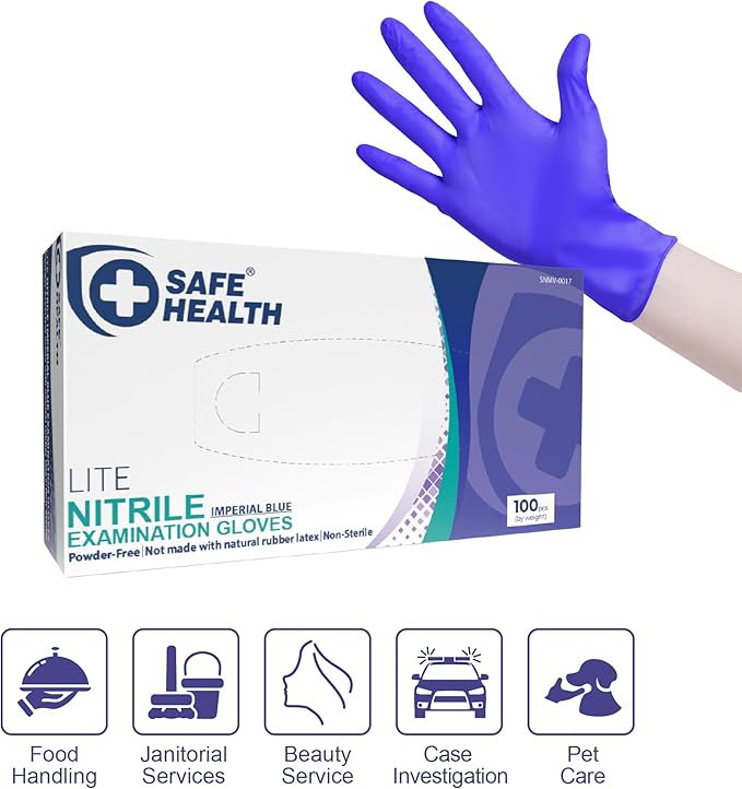 Safe Health Nitrile Exam Gloves – 4 mil, Latex-Free, Powder-Free, Disposable, Blue, Medical Grade, Food, Cleaning Use