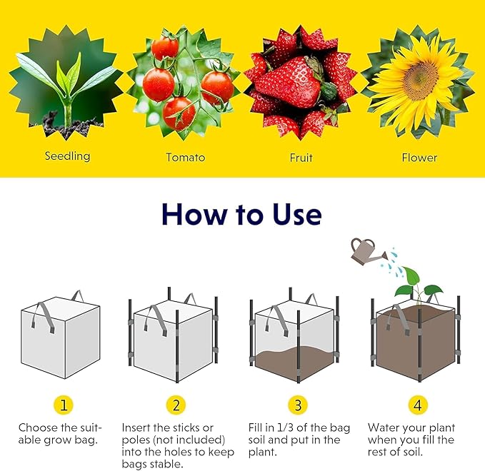 iPower 5-Pack 5 Gallon Square Grow Bags, Vegetable/Flower/Plant Fabric Pots with Handles, Heavy Duty Thickened Nonwoven Planting Bag, Black