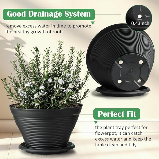 5 Pack 10 Inch Plant Pots with Saucers, Plastic Flower Pots with Drainage Holes, Large Planters for Indoor Outdoor Garden, House Plants, Flowers, Herbs, Gardening Gifts, Black