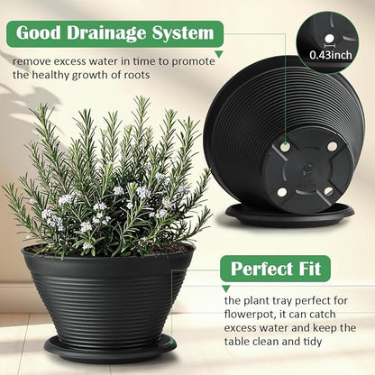 5 Pack 10 Inch Plant Pots with Saucers, Plastic Flower Pots with Drainage Holes, Large Planters for Indoor Outdoor Garden, House Plants, Flowers, Herbs, Gardening Gifts, Black