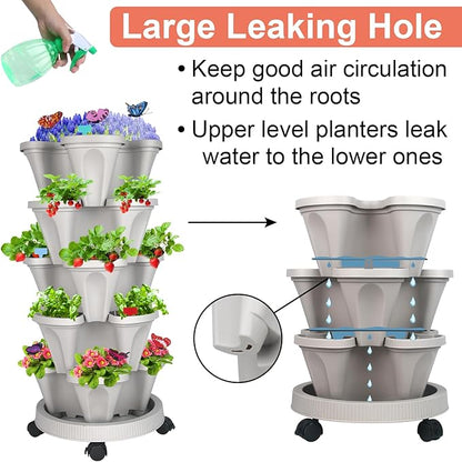 GameXcel Vertical Planter, 5 Tier Stackable Strawberry Planter with Garden Tool Set, Movable Indoor/Outdoor Garden Herb Pot for Growing Vegetables and Succulents, Gray
