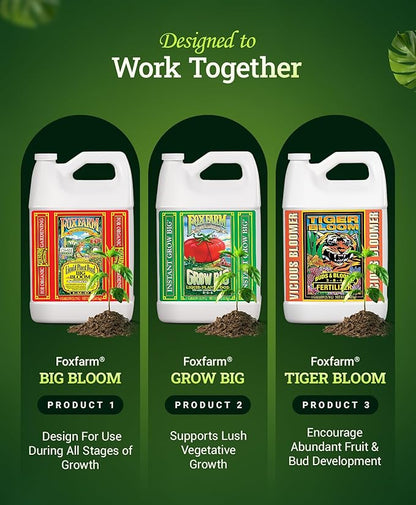 FoxFarm Soil Liquid Trio Pack - Big Bloom, Grow Big, Tiger Bloom Fertilizers for Vigorous Plant Growth, Bud Development & Abundant Fruit - Complete Liquid Plant Food Set - 3 Gallon Bottles