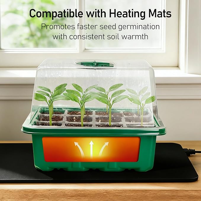 MIXC Seed Starter Tray with Elevated Lid, 120 Cells Seed Starter Kit with Adjustable Humidity Dome, Drainage Hole, Clear Heightened Lids for Indoor Outdoor Greenhouse Gardens, 10 Pack, Green