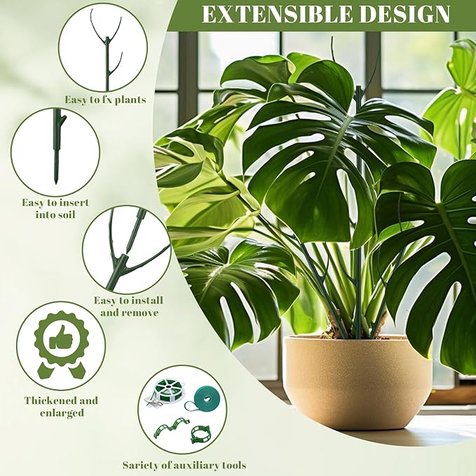 12 Pcs Stackable Plant Support Stakes with 1 Roll 2 M Stickers, 1 Roll 20 Cable Ties, 10 Clips, Stackable Plant Support Stakes for Indoor Outdoor Plants Potted Monstera Climbing Plants