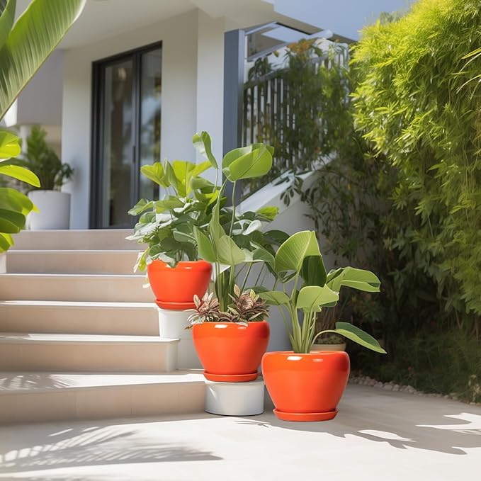Ceramic Planter - 10 Inch 8 Inch 6 Inch Plant Pot with Drainage Holes and Saucers, Round Planters for Indoor Outdoor, Modern Flower Pots, House Garden Room Decor, Gardening Gifts, Orange