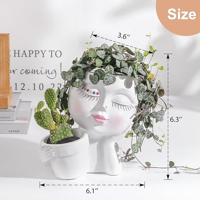 Face Planter Pots Head, Planters for Indoor Plants - Double Cute Plant Pots for Flower & Succulent with Drainage Holes - Ideal Present Ideas (White Lady)