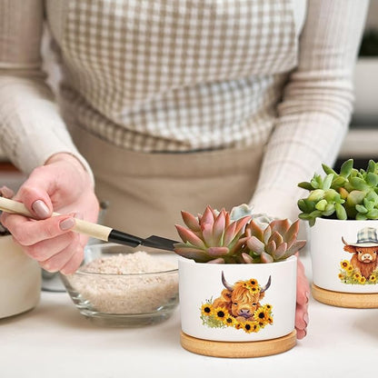6Pcs Highland Cow Decor Gift Planter Rustic Cow Sunflower Ceramic Succulent Pots Animal Plant with Tray Appreciation Gift for Farmhouse Home Office Kitchen Bathroom, No Plants