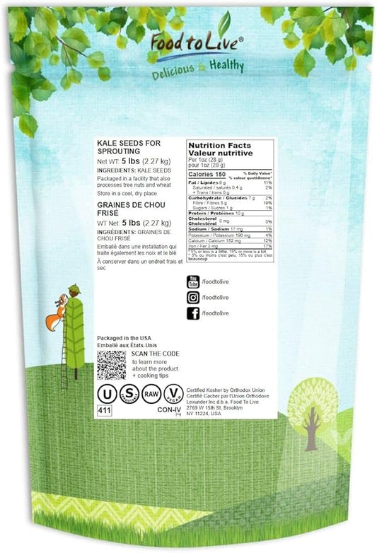 Kale Seeds, 5 Pounds – Great for Sprouting and Planting, High Germination Rate, Non-Irradiated, Kosher, Vegan, Bulk, Grow Amazing Sprout, Microgreens and Plants for Salads, Sirtfood