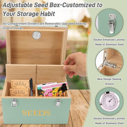 Professional-Designed Bamboo Seed Storage Box with Built-in Hygrometer, Double-Layer Airtight Lid and Safety Lock, Temperature-Stable Wooden Seed Organizer for Preservation, Great Gifts for Gardener