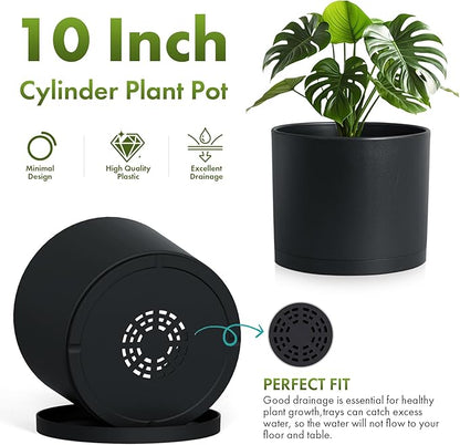 10 Inch Round Plastic Plant Pot with Drainage Holes and Saucer, Wide Flower Pots for Indoor & Outdoor Plants– 7.9" Tall Modern Cylinder Planter Pot for House Plants and Home Decorative, Matte Black