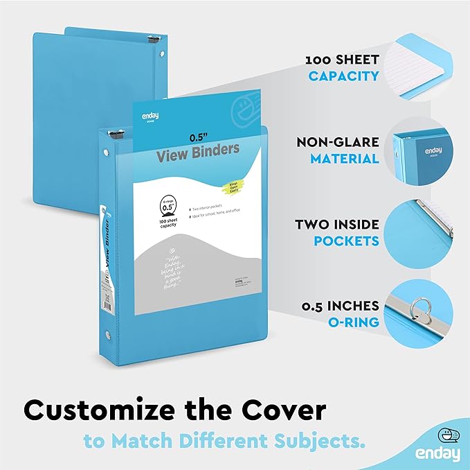 ½ Inch 3 Ring Binder .5 inch Blue Clear View Cover with 2 Inside Pockets, Colored School Supplies Office and Home Binders – by Enday