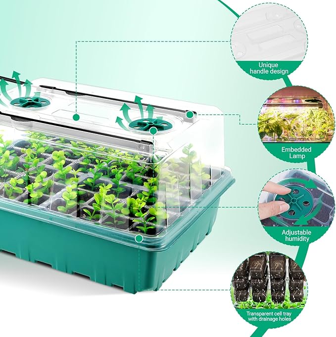 96 Cells Self-Watering Seed Starter Tray with Grow Light, Seed Starter Kit with Adjustable Humidity Dome, Seed Starting Trays Plant Starter Kit for Seeds Growing Starting, Indoor Gardening,Greenhouse