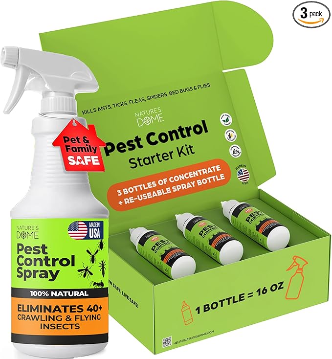 Nature's Dome Pest Killer Starter Kit | Makes 48 Oz Total (3X 16 Oz Bottles) | Plant-Based Ant Killer, Roach Killer, Spider & Fly Spray for Indoor/Outdoor | Child & Pet Safe Essential Oil Formula