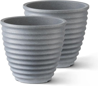 ARBORA 13" Ibiza Polyresin Indoor and Outdoor Planter with Stone Blend Concrete Gray Finish - Durable, Weatherproof, Lightweight, Large Plant Pot for Patio, Garden, Deck, Entryway - 2 Pack