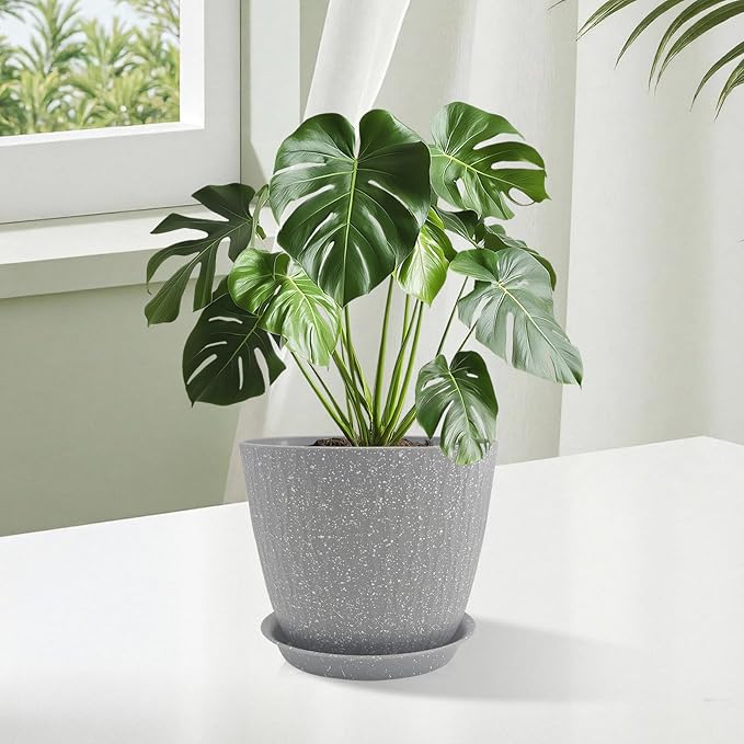 8/7/6 inch Plant Pots, 3 Pack Flower Pots for Outdoor Indoor Garden Plants, Large Planters with Multi Mesh Drainage Holes and Saucer (Speckled Grey, 8"+7"+6")
