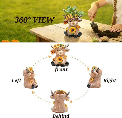 Highland Cow Planter, 4.3 Inch Resin highland cow figurine, Animal Pots With Drain, Cute Cow Planter Pots,Storage Containers For Outdoor Indoor Backyard Balcony Planters Home Garden Decor Gifts
