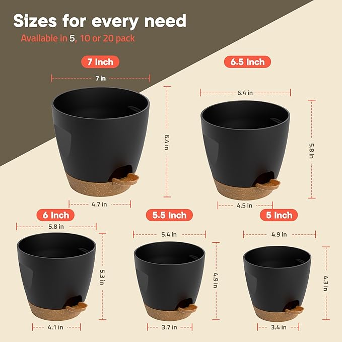 Black Self Watering Pots 5 Pack, Indoor and Outdoor Plant Pots with Wick Rope & Drainage Holes, Easy Watering Lip, Lightweight Plastic Self Watering Planter for Succulents, Houseplants, and Herbs