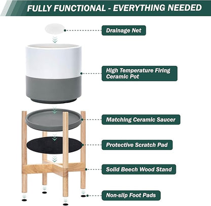 D'vine Dev Ceramic Planter with Natural Stand - 8 Inch Modern Round Flower Pot with Wood Planter Holder, White/Grey, 55-B-N-6